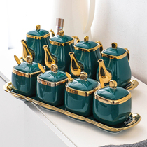 Nordic kitchen utensils ceramic seasoning pot, emerald seasoning bottle, four piece set, household suit, sugar pot, salt monosodium glutamate pot