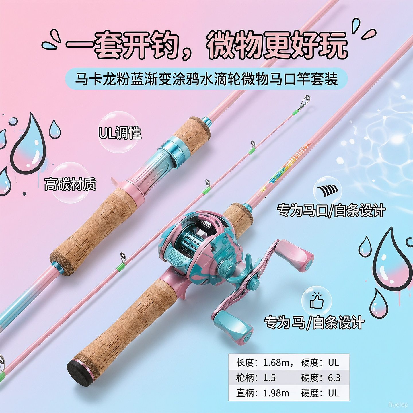 马卡龙粉蓝渐变涂鸦水滴轮马口竿