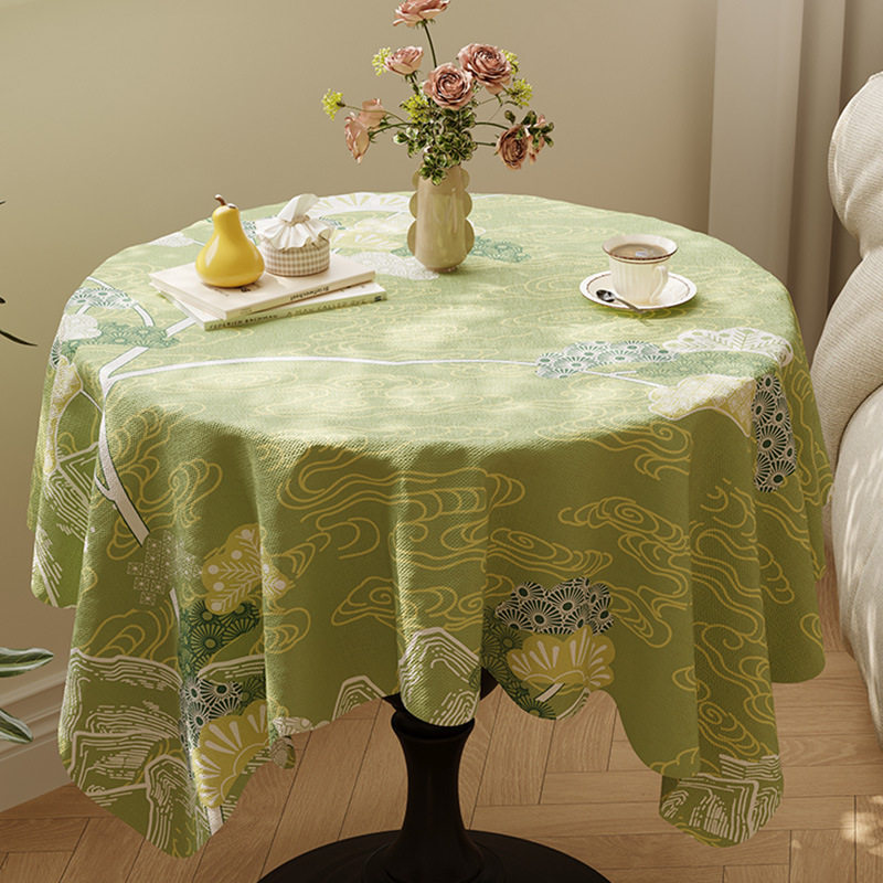 法式圆形桌布绿色圆桌桌布田园餐厅布防水防油免洗轻奢高档茶几布