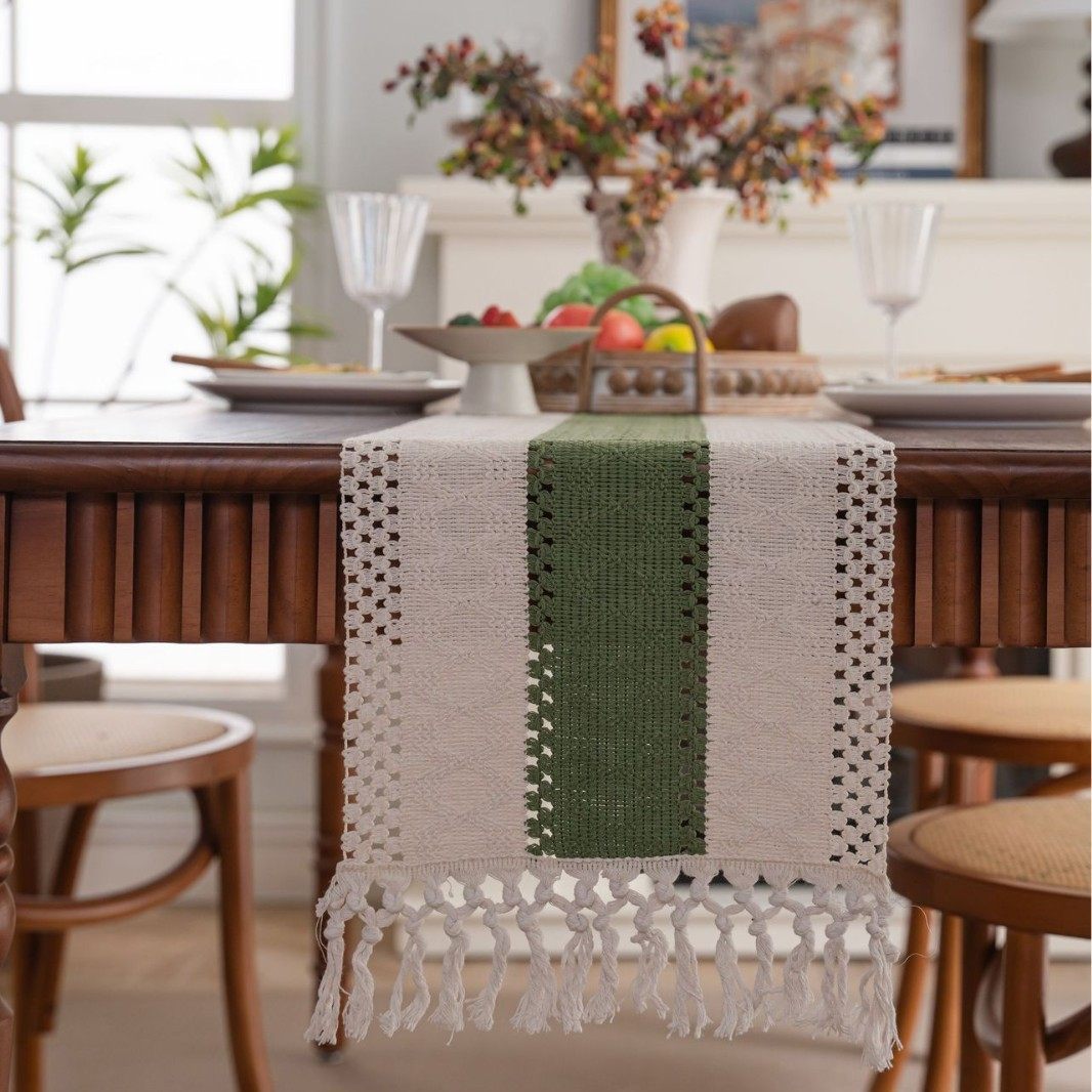 北欧手工流苏桌旗中间绿色编织茶旗电视柜餐桌婚礼装饰复两边棉线,居家布艺,桌旗,淘宝优惠券,粉丝福利购,淘宝优惠卷