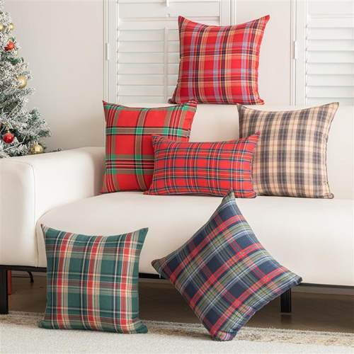 圣诞节日抱枕套靠国外方格子沙发客厅爆款复古挪威咖红格子绿红色