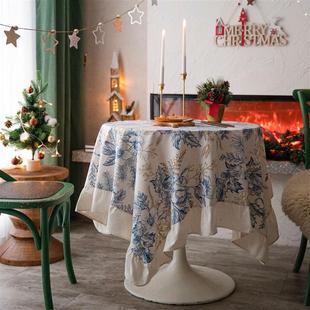 黄绿松枝果桌布荷叶边印花节日餐桌布美式圣诞节布艺波西米亚民族