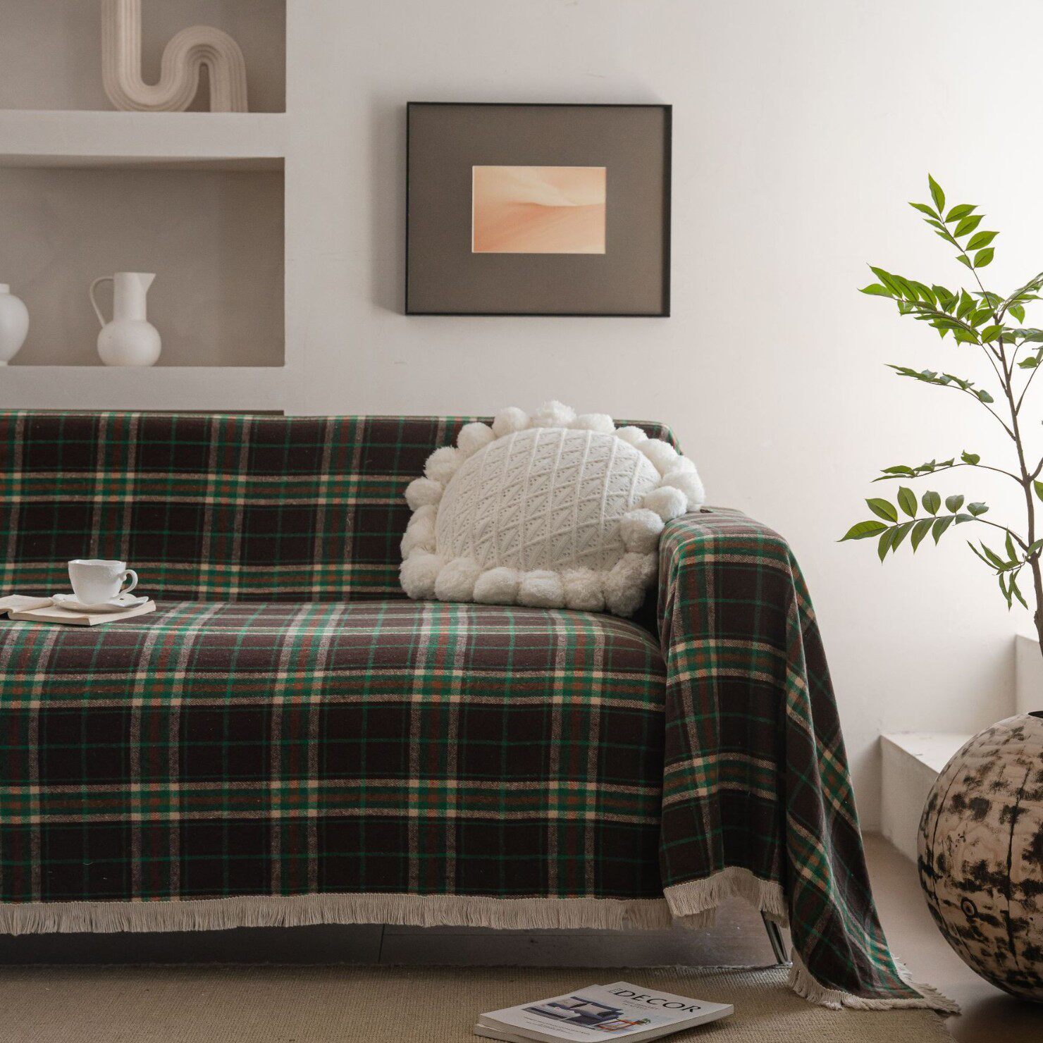 毛呢绿格白须绿色格子毛呢布多用沙发巾盖布床铺巾飘窗垫桌椅台布