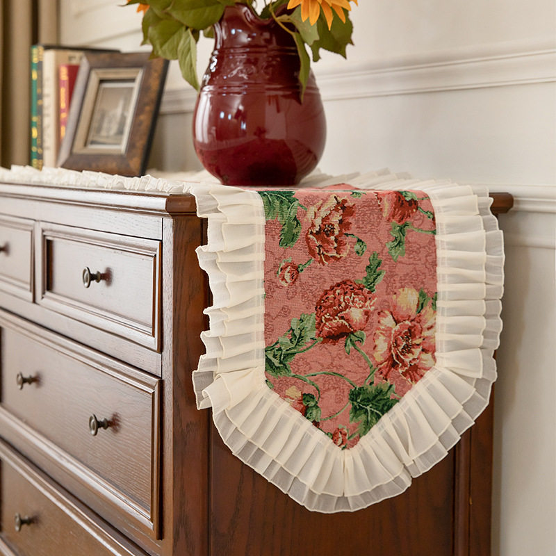 桌旗法式奶油风茶桌布长条白色花边餐边柜电视柜装饰盖布芳华粉色