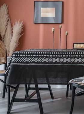 黑色轻奢sin复古桌布棉麻网红民族风波西米亚黑白印花餐厅布艺桌