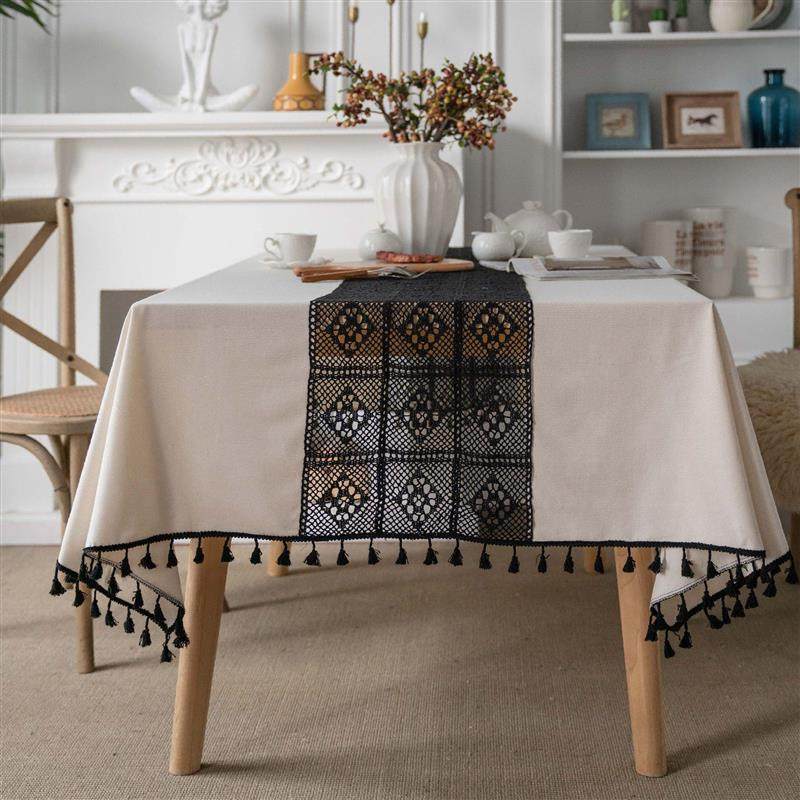 美式复古绿色镂空黑色钩针拼接餐桌布餐厅台布茶几盖巾圣诞节咖啡