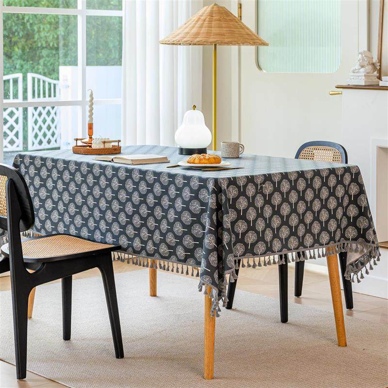 树海深蓝色网红棉麻深色小树林餐桌布装饰居家新韩国台布韩式盖布