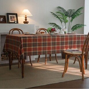 橙黄色织格子桌布色织美式秋季丰收节餐桌布感恩节布艺长方形棉麻