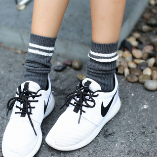 3双 二道杠堆堆袜秋冬季简约纯棉短袜条纹中筒袜运动袜复古女袜子