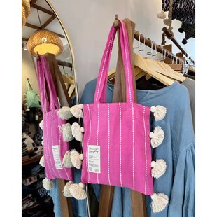 日韩小众设计粉色流苏单肩包2025大容量文艺条纹腋下包百搭休闲包