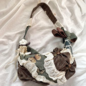 复古大容量托特包拼接饺子包帆布包蕾丝拼布手提通勤包单肩斜挎包