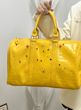 大容量黄色仿鳄鱼纹彩钻休闲旅行包复古美式单肩斜挎包通勤手提包