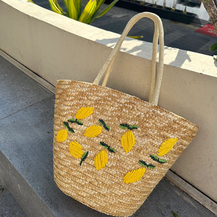 大容量手提编织包2025新款 海边度假风单肩包手工柠檬刺绣草编包