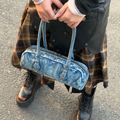 复古做旧水洗牛仔法棍包高级感时尚 简约通勤手提包腋下单肩包潮