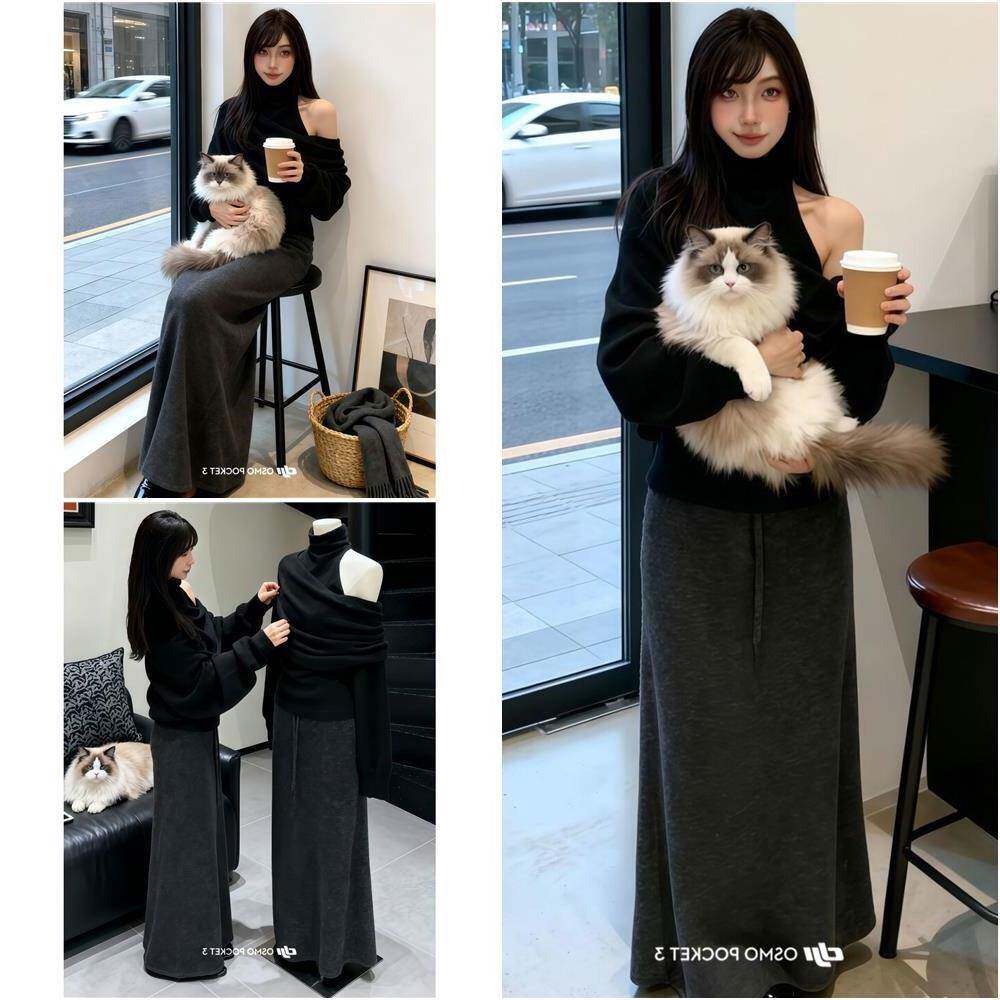 套装女2025新款韩系慵懒风宽松露肩针织衫毛衣高腰显瘦直筒半身裙
