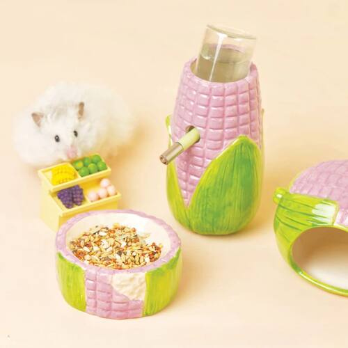 Corn-Shaped Ceramic Hamster Hideout Food Water Bottle Holder