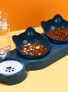 Pet Bowls With Water Feeder, 3 In 1 Ear Design Tilted Cat Wa
