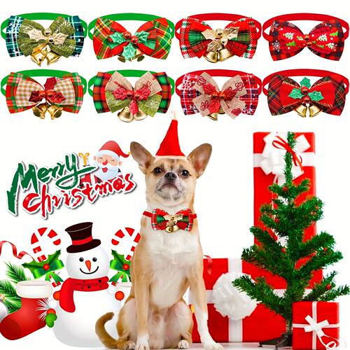 New Christmas Pet Collar with Bell - Festive Red & Plaid Bow