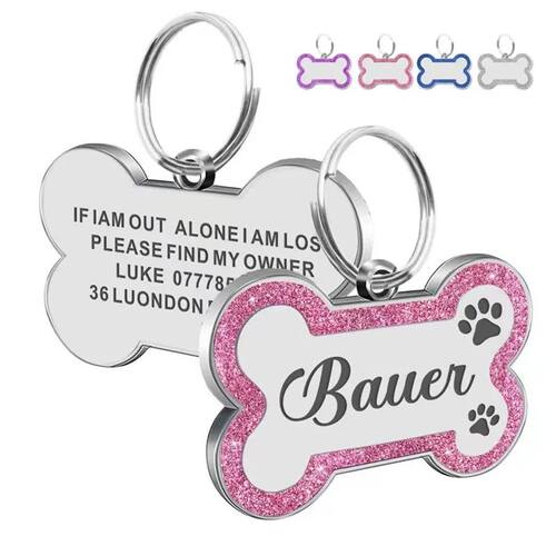 Double Side Dog Cat ID Tag Glitter Dogs Cats Name Pendant Ta