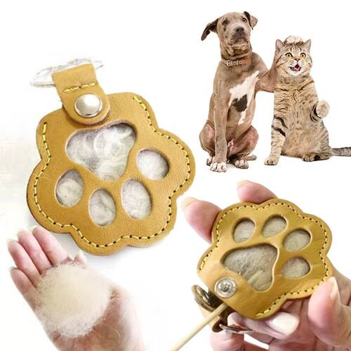 Leather Memorial Pet Hair Storage Bag Cat Paw Keychain Handm