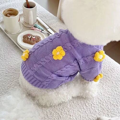 Dog Cute Purple with Yellow Flower Sweater Pullover Warm for