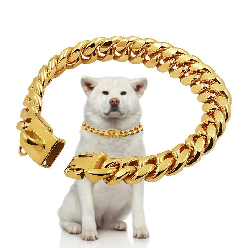 Metal Dog Collar Stainless Steel Pet Choker Gold Cuban Link