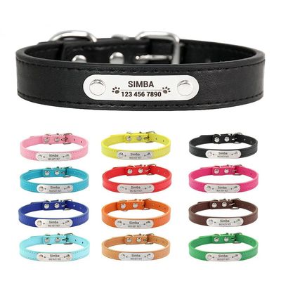 Personalized Dog Collar Name Carved ID Anti-lost Solid PU Le