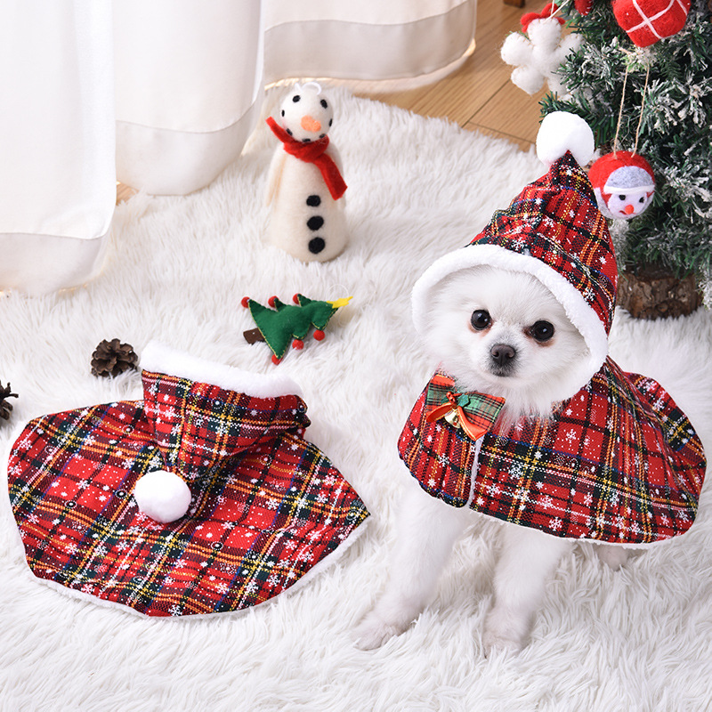 Cat Christmas Plaid Hooded Cape Dog Clothes Teddy Small Dog