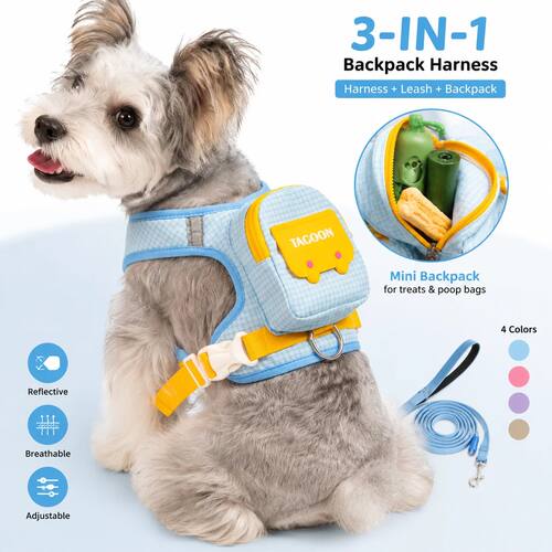 Cute Backpack Dog Harness with Leash, Reflective Soft Pet Ve