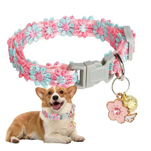 Pink Blue Cherry Blossom Embroidery Cat Collar With Bell Saf