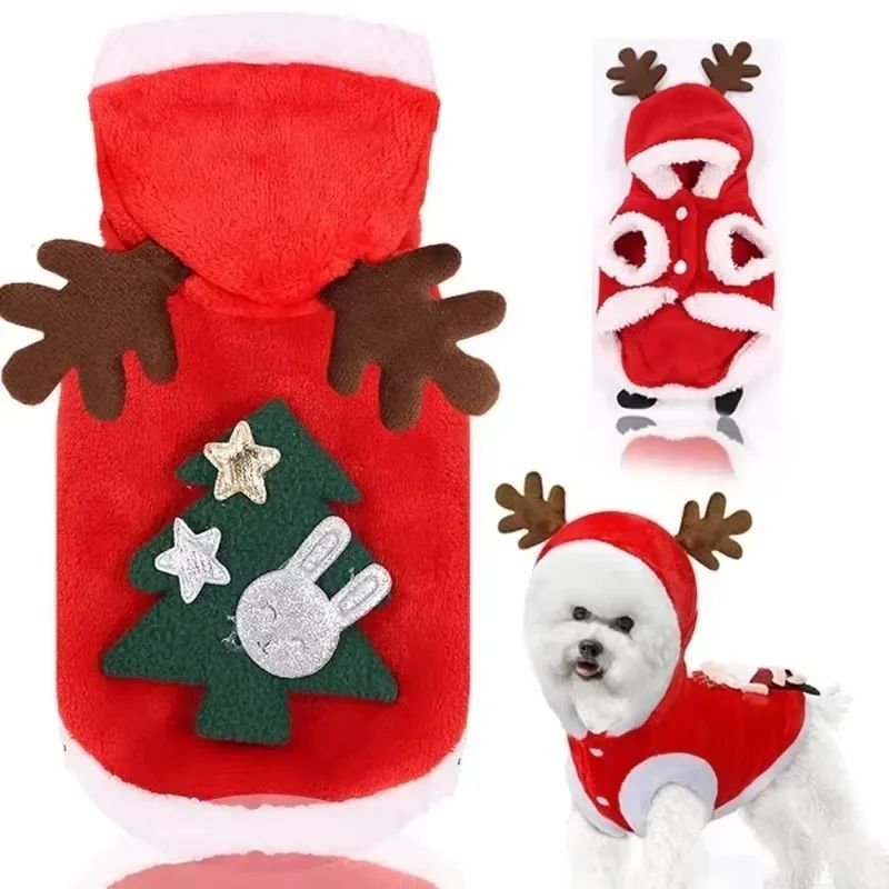 1pc Christmas Dog Costume Festive Red Hoodie with Antlers Pe