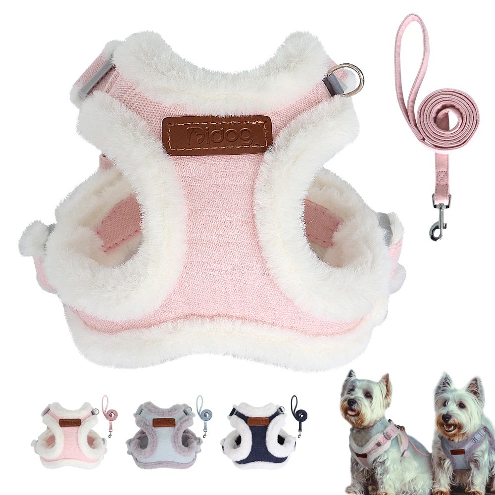 Winter Warm Dog Harness Leash Set Soft Fur Padded Dogs Vest