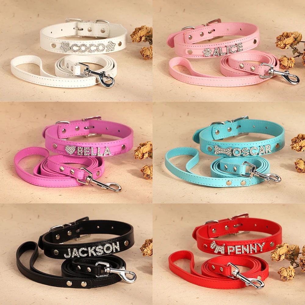PU Leather Dog Collar Leash Set Personalized DIY Name Charms