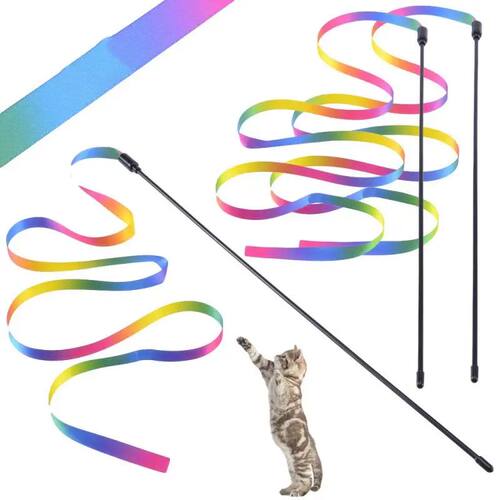2PCS Pet Cat Toys Cute Funny Rainbow Strips Stick Cat Teaser