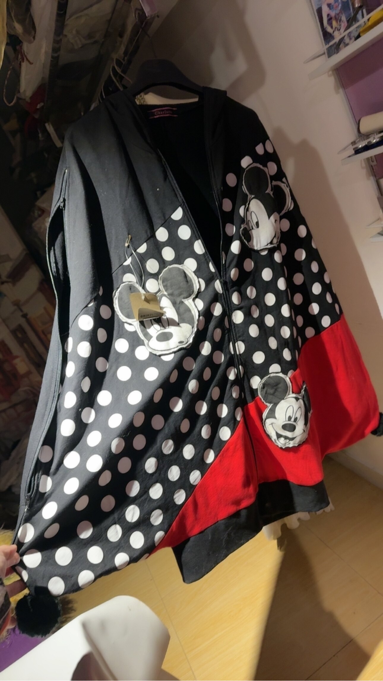 大码宽松米奇波点斗篷外套 慵懒风拼接撞色连帽开衫