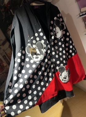 大码宽松米奇波点斗篷外套 慵懒风拼接撞色连帽开衫