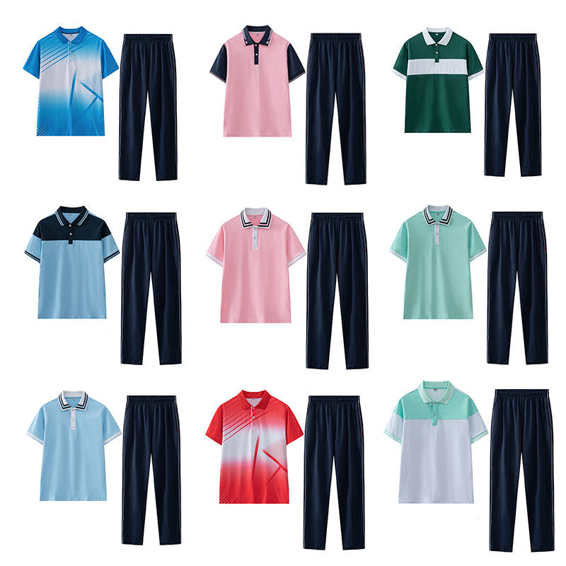 中学生校服套装翻领班服小学初中生短袖蓝白运动会学院风毕业夏装