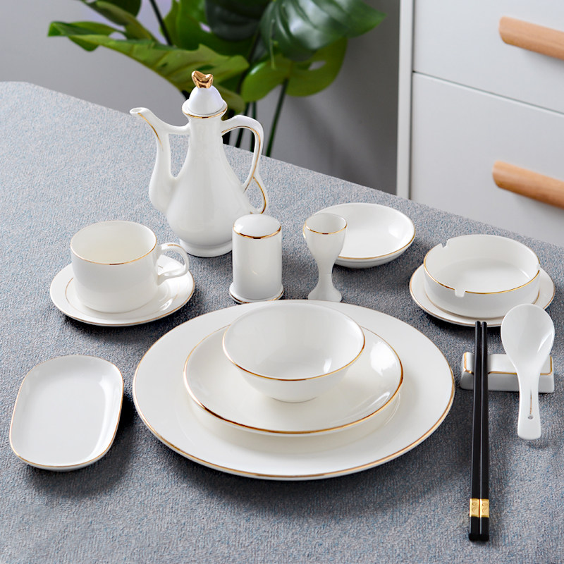 酒店样品房部队饭店餐具摆台四件套餐具套装金边盘碗logo定制印字