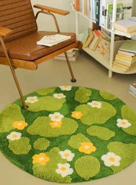 DDD森系花花植绒地毯卧室圆形床边毯可爱绿草苔藓梳妆台前地垫ins