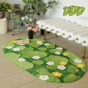 DDD 森系花朵可爱小地毯卧室植绒床边毯簇绒脚垫绿苔藓异形长地垫