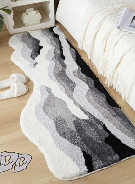 DDD北欧海浪植绒地毯异形海洋卧室床边毯客厅沙发黑色耐脏地垫ins