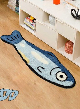 DDD 卡通创意咸鱼植绒地毯客厅蓝色小鱼地垫儿童房簇绒卧室床边毯