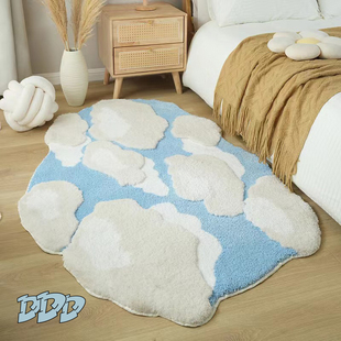 DDD 饰地毯植绒蓝色异形地垫卧室簇绒可爱床边毯 小清新蓝天云朵装