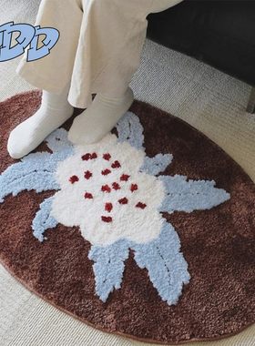 DDD法式轻奢花朵地毯复古棕色植绒床边毯客厅沙发椭圆簇绒地垫ins