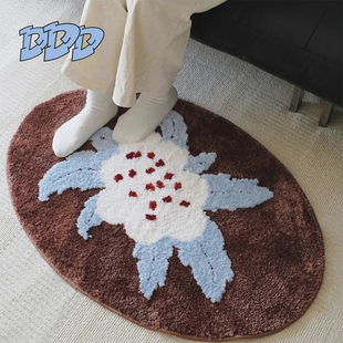 DDD法式 轻奢花朵地毯复古棕色植绒床边毯客厅沙发椭圆簇绒地垫ins