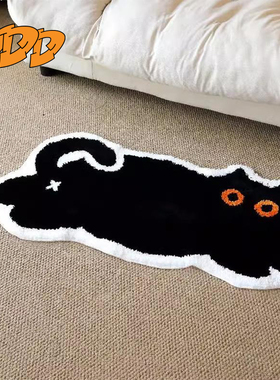DDD 卡通猫猫植绒黑色地毯卧室房间簇绒床边毯沙发卡通猫咪地垫厚