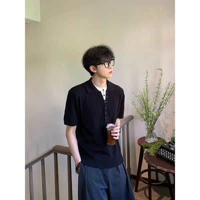 Clear Mist夏季老钱风混纺撞色假两件针织polo短袖亚麻简约透气男