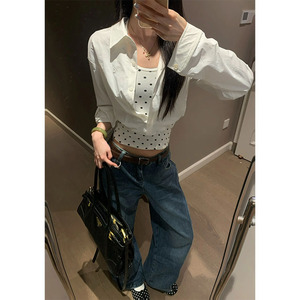 假两件韩系慵懒感白色短款防晒衬衫女夏长袖宽松百搭波点拼接上衣