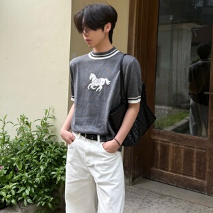 夏季小马刺绣短袖男款小香风拼色针织衫修身纹理薄款弹力透气T恤