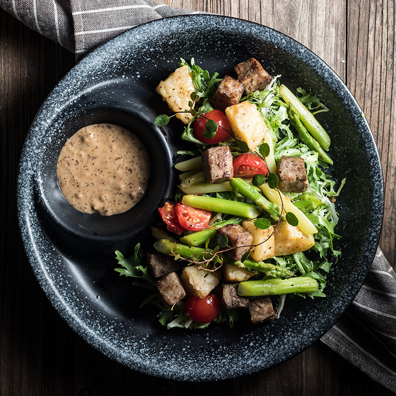 黑色圆形饺子盘蒸饺子蒸鱼盘子大号寿司盘刺身盘多用途装菜盘子